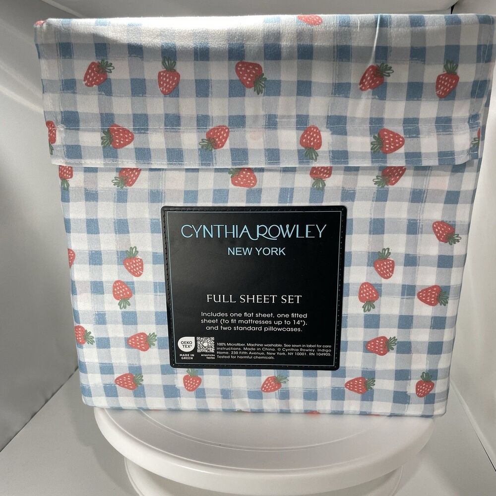 Cynthia Rowley Full Sheet Set Strawberry Gingham Blue Microfiber New - Picture 3 of 5
